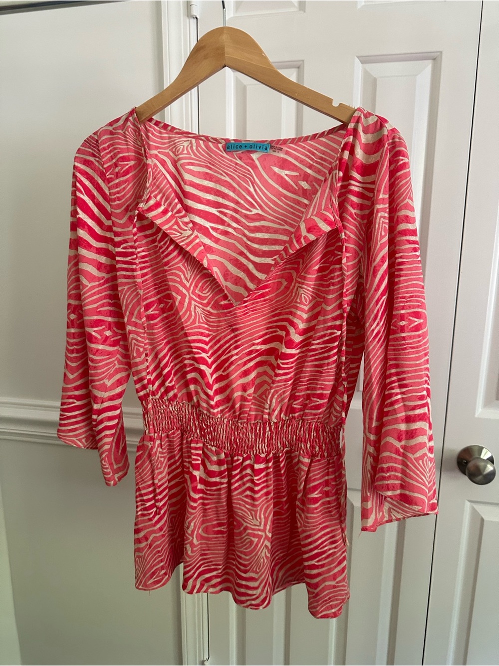 Alice + Olivia Pink and Cream Zebra Print V-Neck Blouse